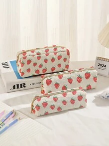 3 件套：草莓印花灯芯绒大容量铅笔盒、文具袋、拉链铅笔盒、印花灯芯绒袋、返校、学校用品、铅笔袋、书包 - 彩色 - 查看 9