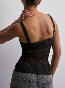Women Y2K Camisoles Lace See-Through Casual Tank Tops Summer Sleeveless Tops Streetwear - 黑色 - 查看 6
