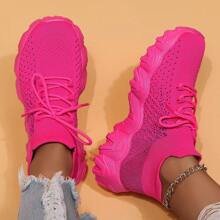 Women's Simple Plain Lace-Up Low Top Sock Sneakers, Summer 2024 Casual Comfortable Breathable Lightweight Sports Running Shoes - 棗紅 - 查看 3