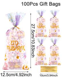 Eid Mubarak Gift Bags Plastic Candy Snack Gift Packaging Bags With Star & Moon Designs, Perfect For Ramadan Kareem Celebrations Islamic Muslim Party Supplies Eid Al-Fitr Gifts