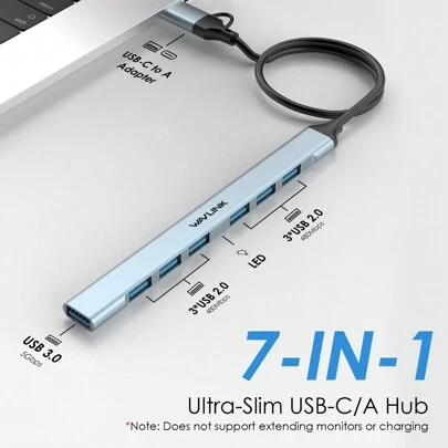 7合1 USB-C 集线器，带 Type-C 转 Type-A 接口、5Gbps USB 3.0 接口、6 个 480Mbps USB 2.0 接口，USB 分线器，便携式即插即用，兼容 Windows/Android/Chrome OS/Linux 系统，适用于键盘/鼠标/平板电脑/笔记本电脑/存储卡等 USB 设备