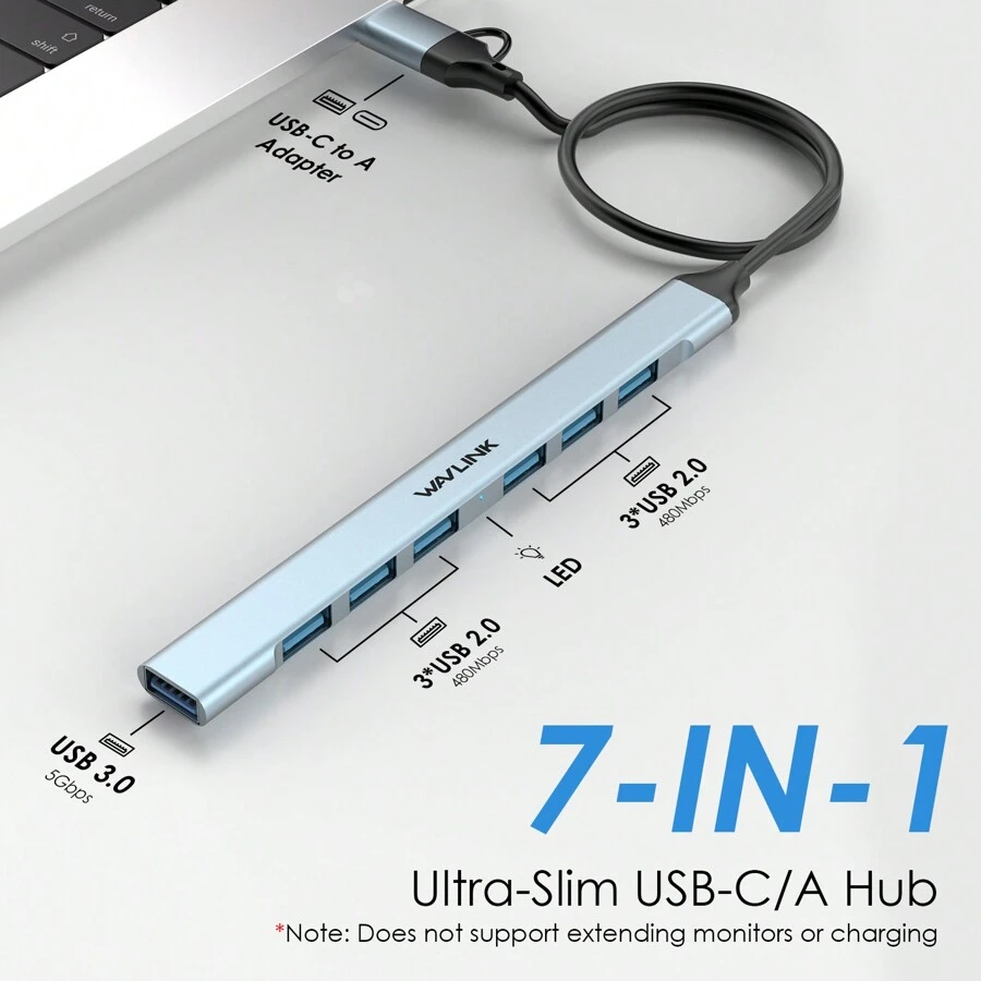 Hub Multiport USB C 7-in-1 dengan Adaptor USB C ke USB, 1 Port USB 3.0 Kecepatan Tinggi + 6 Port USB 2.0, Pembagi USB Plug and Play untuk Transfer Data Laptop, Tablet, Desktop, Keyboard, Mouse - Perak - View 1