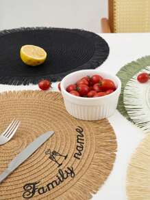 15-Inch Handwoven Straw Round Placemats With Tassel Fringe, Customizable Embroidery Design For Name And Blessing, Suitable For Family Dining, Weddings, Holidays, Parties, Washable And Heat-Insulating, Anti-Slip Table Mat