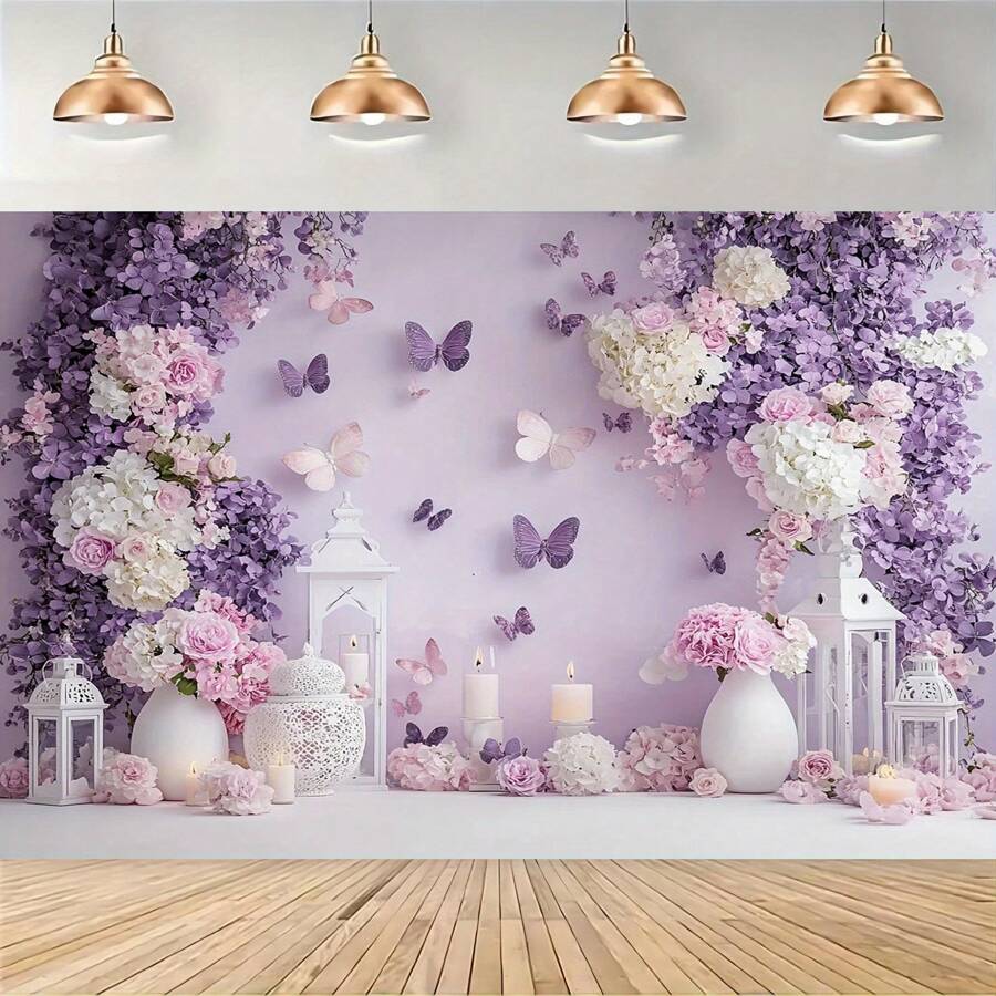 1 件紫色花卉和蝴蝶背景横幅，紫色花卉蝴蝶风格派对装饰，生日婚礼派对装饰横幅，拍照亭道具