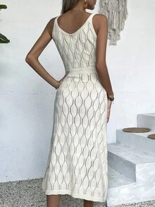 Damen Lässig V-Ausschnitt einfarbiges gehäkeltes Kleid mit Schlitzausschnitt, komplett weiß für den Sommer, cremeweiß/gelb für den Schulanfang im Herbst, würdevolles langes Partykleid für Herbst/Winter (Muster zufällig) - Aprikosenfarben - Übersicht 2