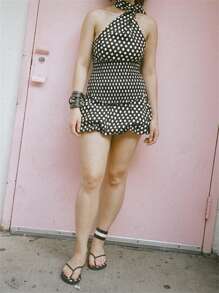 Women Bubble Skirt, Low Waist Plaid/Dots Print Summer Mini Skirt Clubwear With Belt - 黑色 - 查看 5