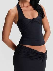 Womens Stylish Halter Neck Camisole Tops Summer Sleeveless Solid Hue Knot-Front Elegant Blouses Dressy Shirt Tops