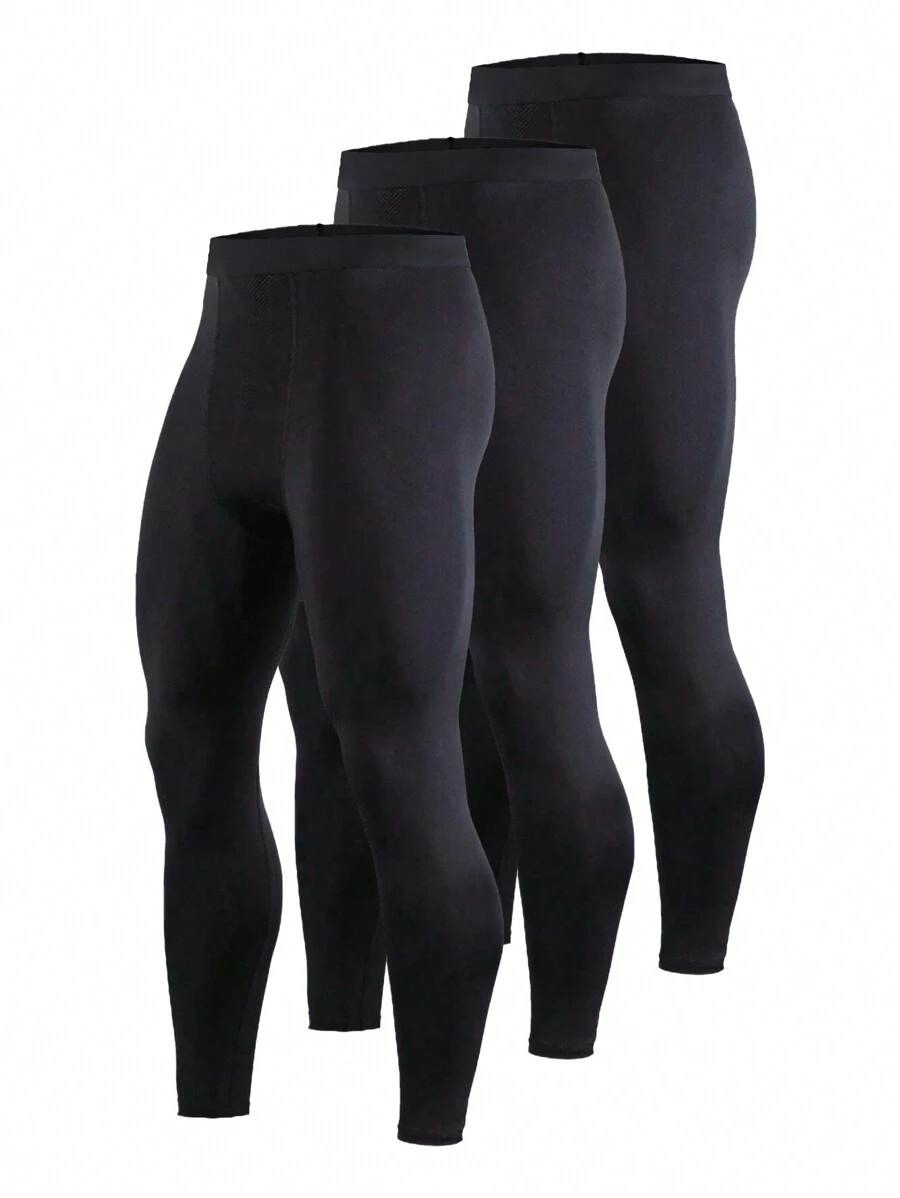 Jambiere sport de culoare solidă pentru bărbați, 3 piese, uscare rapidă activă, elasticitate ridicată, pantaloni strânși sport respirabili, potriviti pentru antrenament de alergare în aer liber