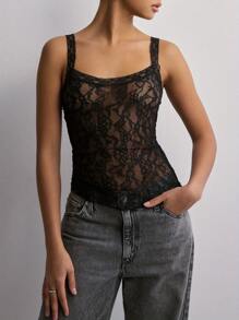Women Y2K Camisoles Lace See-Through Casual Tank Tops Summer Sleeveless Tops Streetwear - 黑色 - 查看 3