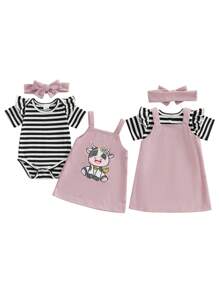 Baby 3Pcs Girl Summer Outfits Short Sleeve Romper + Cow Embroidery Suspender Skirt + Headband Set - Pink - View 7