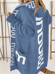 Plus Size Women's Casual Letter Printed Hooded Soft Knit Warm Cardigan, Long Sleeve - Blue - View 2