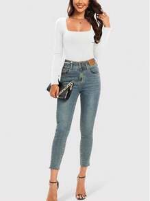 KAHULE WomensSquare Neck Tops Fashion Slim Fit  Long Sleeve Shirts - 白色 - 查看 3