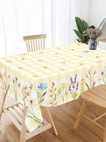 1pc, Spring Flower Easter Tablecloth, Polyester Yellow Plaid Floral And Grass Design Rectangular Table Cover, Festive Spring Themed Outdoor/Indoor Party Supplies Decoration, Easter Decoration For Home Kitchen Table Decor