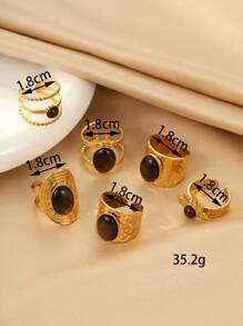 Set de 6 anillos de acero inoxidable de moda exagerados con piedras preciosas doradas y marrones, adecuado para decoración o regalos de mujeres