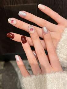 10 piezas de decoraciones de uñas hechas a mano con diseños de flores de rosa, para uñas postizas que dan brillo para el otoño y el invierno