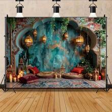 Vintage European Cathedral & Palace Candlelight Scene - Light Blue Polyester Backdrop, Single-Sided Printing, Suitable For Photo Booth, Living Room, Outdoor Decoration, Festivals And Livestream