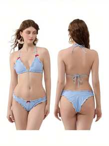 The Women's Summer Bikini Set Features A Top With A Lace Up Collar, Tie Up, Bottom Collar, Backless, And Belly Button Design. Lightweight And Soft, Skin Friendly And Breathable. Suitable For Swimming, Surfing, Beach, Tropical, Honeymoon, Sports, Vacation, Pool Parties, Etc. - 藍色 - 查看 3