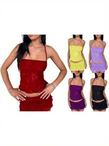 Women Lace Outfit Tie-Up Back Sleeveless Crop Tops Low Rise Mini Skirt 2 Piece Set For Party Club