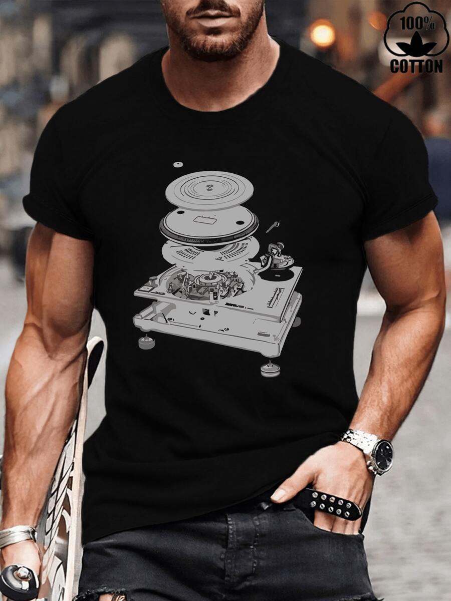 Happy Valentine'S Day Men's DJ Turntable 1210 MK2 Exploded Blueprint Design Round Neck Casual T-Shirt, 220gsm Heavy Pure Cotton T-Shirt(1PC) - Black - View 1