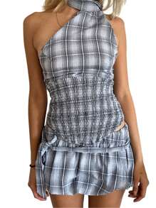 Women Y2k Bubble Mini Skirt Sets 2 Piece Outfit Halter Neck Backless Going Out Crop Tank Tops Low Rise Plaid/Dots Print Summer Puff Gingham Mini Skirt Set With Belt Party Clubwear Summer Streetwear Aesthetic Clothes - 淺灰色 - 查看 3