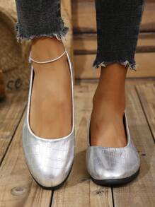 Mocasines con plataforma para mujer, de color liso con estampado de piedras, para uso casual y deslizamiento, para trabajo y primavera/otoño - Plateado - Ver 3