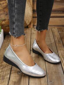 Mocasines con plataforma para mujer, de color liso con estampado de piedras, para uso casual y deslizamiento, para trabajo y primavera/otoño - Plateado - Ver 4