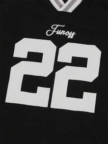 夏季 Y2K 字母条纹印花篮球 T 恤女式休闲 V 领半袖宽松上衣街头时尚 T 恤 - 黑色 - 查看 8