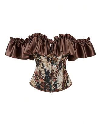 Top corset vintage para mujer con moldeado de ballena, ribete de volantes, cinturón de cintura, top ajustado