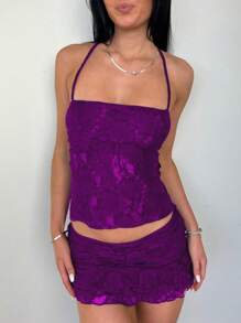 Women Lace Outfit Tie-Up Back Sleeveless Crop Tops Low Rise Mini Skirt 2 Piece Set For Party Club