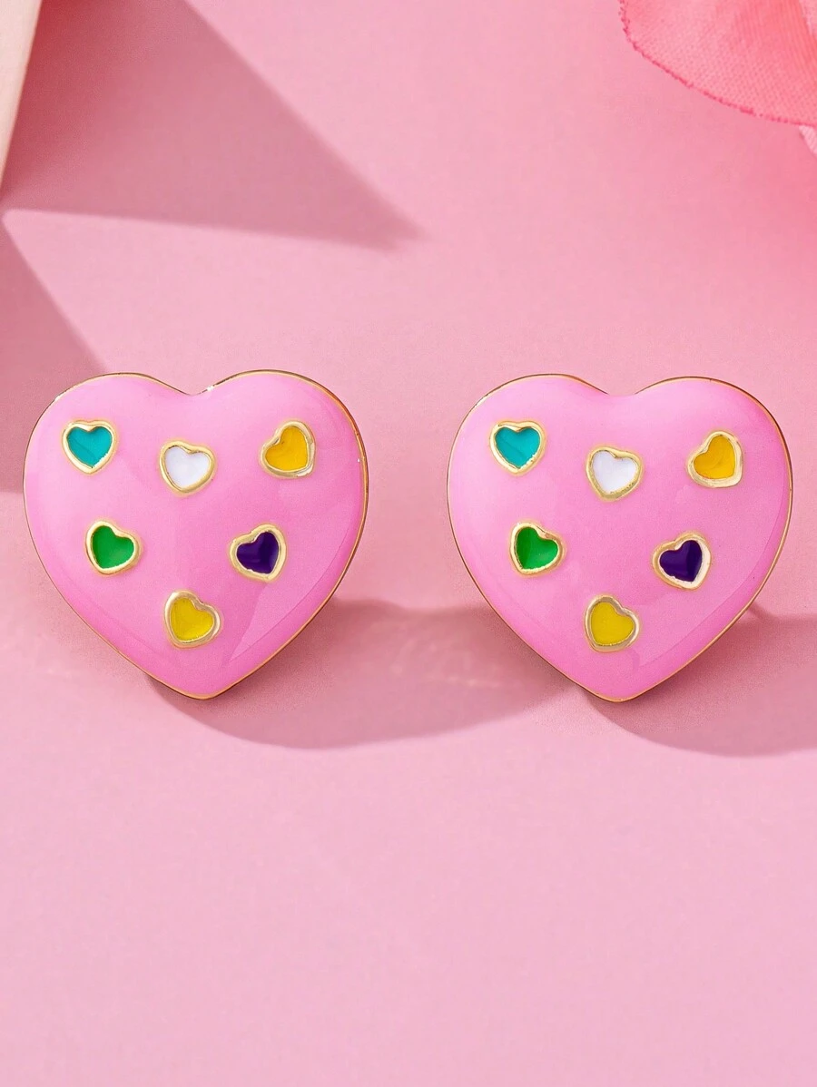 一对简约甜美风美式金属合金粉色珐琅爱心和彩色爱心组合耳钉，适合女性日常佩戴、社交场合、派对、情人节、送给女友/情侣的礼物 - 粉色 - 查看 1