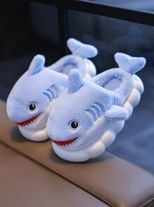 1 Pair Cute Shark Design Kids Slippers, Fluffy Cartoon Indoor Shoes For Boys, Winter - Blue and White - View 3