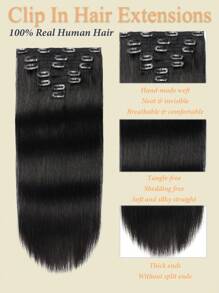 Set de 7 extensiones de cabello humano 100% brasileño Remy con clips, 70g, negro azabache, cabello liso, 16 clips, costura de doble capa - S1 - Ver 5