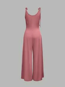 女士休闲家居服系带蝴蝶结口袋修身针织阔腿连体裤粉色优雅夏季 - 粉色 - 查看 3
