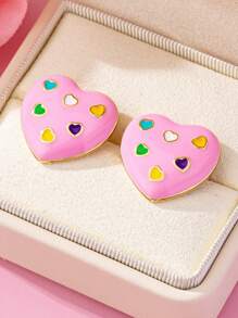 一对简约甜美风美式金属合金粉色珐琅爱心和彩色爱心组合耳钉，适合女性日常佩戴、社交场合、派对、情人节、送给女友/情侣的礼物 - 粉色 - 查看 2