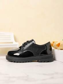 Boys' Fashion Round Toe Lace-Up Black Patent Leather Shoes, Versatile Outdoor Student Shoes, Spring Autumn