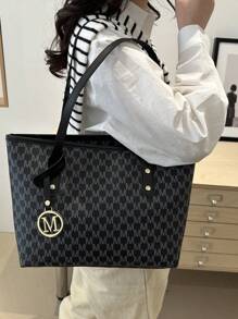 欧美跨境个性大容量字母简约印花托特包新款女士菱格通勤单肩包 - 黑色 - 查看 3