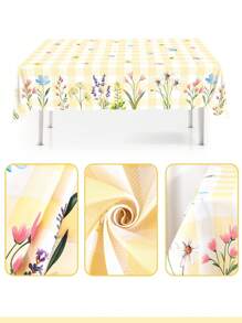 1pc, Spring Flower Easter Tablecloth, Polyester Yellow Plaid Floral And Grass Design Rectangular Table Cover, Festive Spring Themed Outdoor/Indoor Party Supplies Decoration, Easter Decoration For Home Kitchen Table Decor