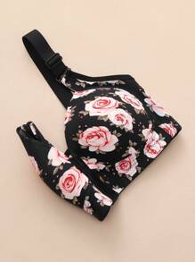 1pc Women's Floral Print Comfortable Front Closure Adjustable Straps Wirefree Racerback Lingerie Bra - Black - View 9