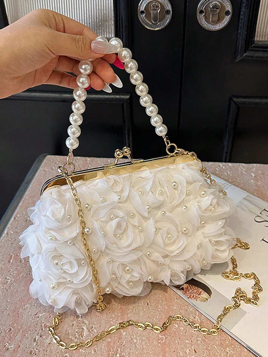 1件白色浪漫婚礼季2025春夏仿珍珠网纱花朵夹仿珍珠手提包女士高端奢华晚宴包，新娘包，婚礼派对，宴会，优雅仿珍珠包，精致花卉包，女士舞会包，蕾丝