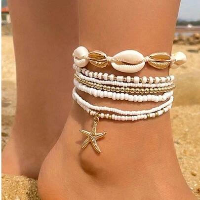 7pcs/Set Minimalist Alloy Beaded Starfish & Shell Braided Anklet, Best Gift For Girls