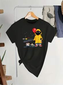 Áo thun ngắn tay cổ tròn in hình mèo hoạt hình dễ thương, cỡ lớn, màu đen, thích hợp mặc mùa hè. - màu đen - Xem 2