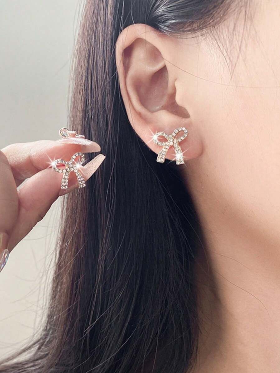 1 对优雅女士简约全镶钻石耳钉，奢华百搭耳环，配银柱 - 金黃色 - 查看 1