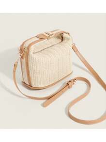 Small Straw Fabric Crossbody Bag - Màu Khaki - Xem 2