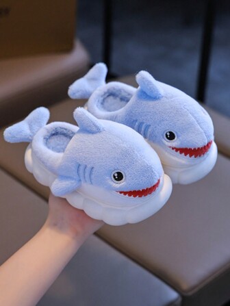 1 Pair Cute Shark Design Kids Slippers, Fluffy Cartoon Indoor Shoes For Boys, Winter