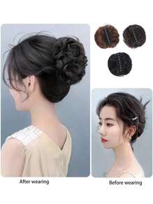 1 pièce Pince à cheveux synthétique frisée avec gros bouton, soyeuse et naturelle. Chignon invisible réaliste, convient pour les cheveux fins, chauves, port quotidien. Couleur unie, style bohème décontracté. Pince à cheveux en fibre pour toutes les saisons