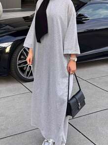 Vestido holgado de estilo árabe, de unicolor, cuello redondo, hombro caído, manga larga, informal y modesto, tipo kaftan para mujer