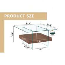 31.4 Inch Modern Two-Tier Square Coffee Table - An Elegant Combination Of Clear Glass And Dark Wood Texture Sticker It Can Be Used Not Only As A Coffee Table But Also As A Side Table Or Display Stand.