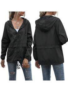 Women Water Resistant Hooded Jacket, Solid Color Zipper Open Front Drawstring Coat, L/ XL/ XXL - Black - View 2