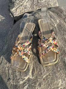 Sandálias Rasteiras Femininas, Boho Tricotadas de Dedo Aberto, Chinelos de Praia de Verão