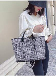 Bolso de mujer personalizable con bordado de nombre, estilo coreano popular - Bolso de cubo con cadena a contraste de cuadros sencillo, bolso de hombro y bolso cruzado para señoras